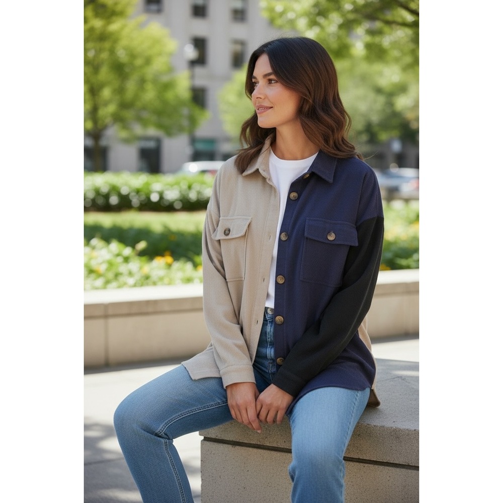 Umgee Colorblock Corduroy Shacket Womens XL Oversized Button Down Shirt Jacket